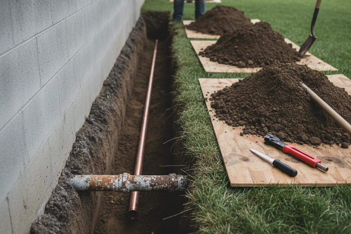 Excavated water line trench during Water Softener Installation in Preston Hollow